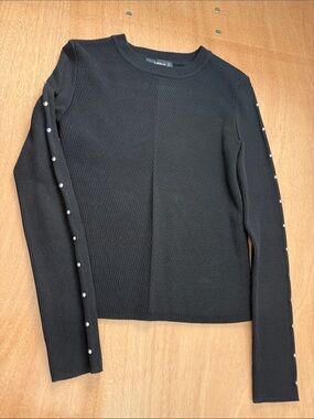 Silver Studded Ribbed Long-Sleeve Bodycon Sweater- Black
